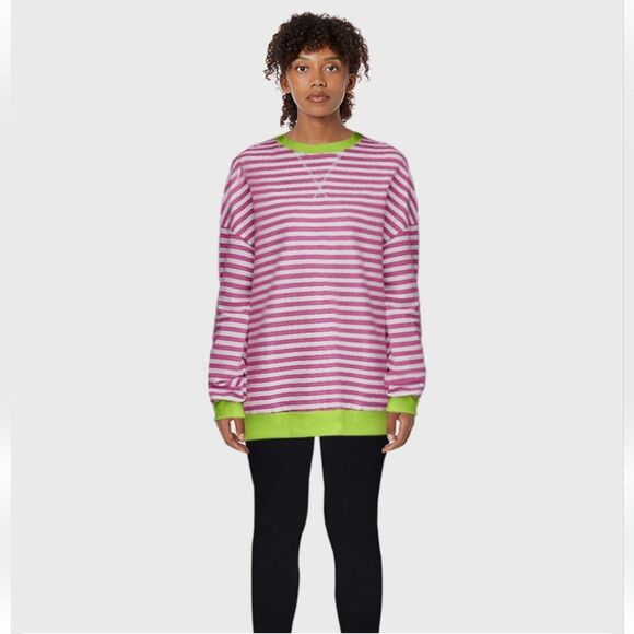 AlvaQ Oversized Colorblock Striped Sweatshirt - Casual Crewneck Women's Small - Picture 1 of 2